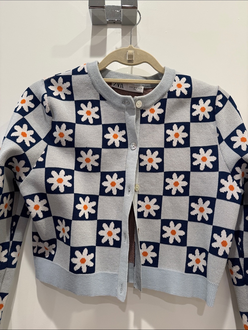 Zara Checkered Daisy Knit Cardigan in Light Blue and Navy